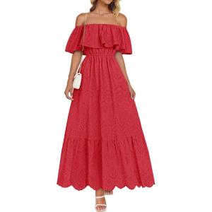 imageZESICA Womens 2025 Summer Off Shoulder Ruffle Midi Dress Short Sleeve High Waist Hollow Out Embroidery Party DressesWatermelon