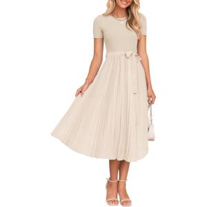 imageZESICA Womens 2025 Summer Short Sleeve Midi Dresses Casual Crew Neck Knit Belted Pleated A Line Flowy Wedding Guest DressApricot