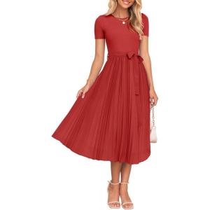 imageZESICA Womens 2025 Summer Short Sleeve Midi Dresses Casual Crew Neck Knit Belted Pleated A Line Flowy Wedding Guest DressCherry