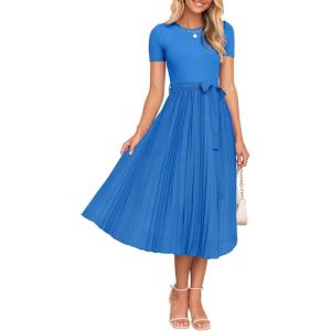 imageZESICA Womens 2025 Summer Short Sleeve Midi Dresses Casual Crew Neck Knit Belted Pleated A Line Flowy Wedding Guest DressCobalt Blue