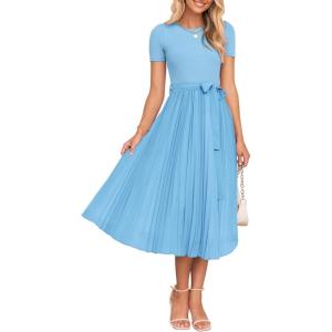 imageZESICA Womens 2025 Summer Short Sleeve Midi Dresses Casual Crew Neck Knit Belted Pleated A Line Flowy Wedding Guest DressLightblue