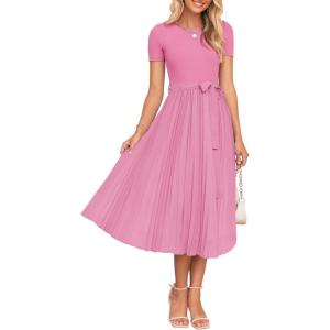 imageZESICA Womens 2025 Summer Short Sleeve Midi Dresses Casual Crew Neck Knit Belted Pleated A Line Flowy Wedding Guest DressPink