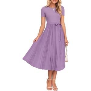 imageZESICA Womens 2025 Summer Short Sleeve Midi Dresses Casual Crew Neck Knit Belted Pleated A Line Flowy Wedding Guest DressPurple