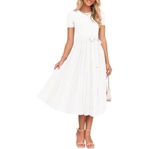 imageZESICA Womens 2025 Summer Short Sleeve Midi Dresses Casual Crew Neck Knit Belted Pleated A Line Flowy Wedding Guest DressWhite