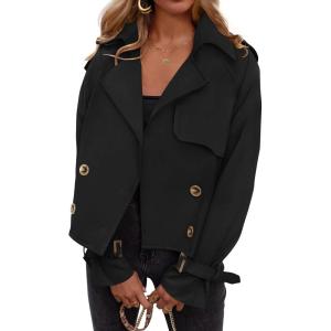 imageZESICA Womens Long Sleeve Crop Trench Coat Lapel Double Breasted Loose Casual Jacket with PocketsBlack