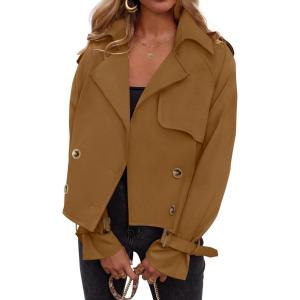 imageZESICA Womens Long Sleeve Crop Trench Coat Lapel Double Breasted Loose Casual Jacket with PocketsBrown