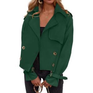 imageZESICA Womens Long Sleeve Crop Trench Coat Lapel Double Breasted Loose Casual Jacket with PocketsGreen