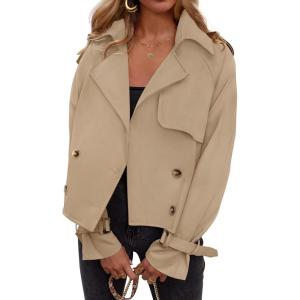 imageZESICA Womens Long Sleeve Crop Trench Coat Lapel Double Breasted Loose Casual Jacket with PocketsKhaki