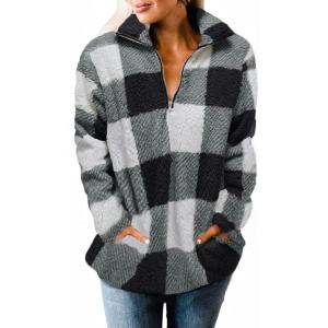 imageZESICA Womens Plaid Long Sleeve Zipper Sherpa Fleece Sweatshirt Pullover Jacket Coat with PocketsBlack