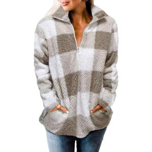 imageZESICA Womens Plaid Long Sleeve Zipper Sherpa Fleece Sweatshirt Pullover Jacket Coat with PocketsKhaki