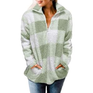 imageZESICA Womens Plaid Long Sleeve Zipper Sherpa Fleece Sweatshirt Pullover Jacket Coat with PocketsLightgreen