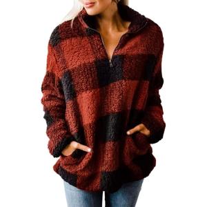 imageZESICA Womens Plaid Long Sleeve Zipper Sherpa Fleece Sweatshirt Pullover Jacket Coat with PocketsOrange Red