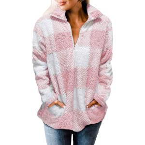 imageZESICA Womens Plaid Long Sleeve Zipper Sherpa Fleece Sweatshirt Pullover Jacket Coat with PocketsPink