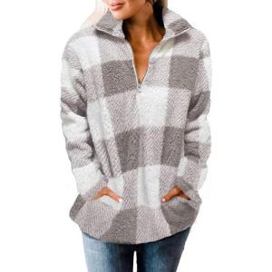 imageZESICA Womens Plaid Long Sleeve Zipper Sherpa Fleece Sweatshirt Pullover Jacket Coat with PocketsPurplegrey