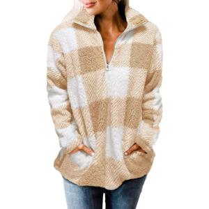 imageZESICA Womens Plaid Long Sleeve Zipper Sherpa Fleece Sweatshirt Pullover Jacket Coat with PocketsYellow