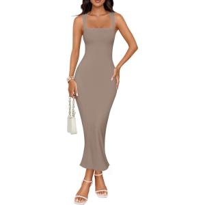 imageZESICA Womens Summer Bodycon Midi Dress Sleeveless Square Neck Slim Fit Back Slit Long Cocktail Party DressesDark Khaki