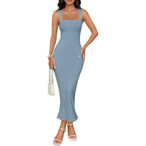 imageZESICA Womens Summer Bodycon Midi Dress Sleeveless Square Neck Slim Fit Back Slit Long Cocktail Party DressesLight Blue
