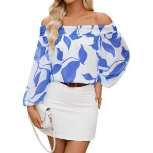 imageZESICA Womens Summer Off Shoulder Tops 2025 Floral Chiffon Long Sleeve Loose Dressy Casual Shirts BlousesBlue