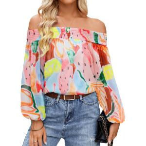 imageZESICA Womens Summer Off Shoulder Tops 2025 Floral Chiffon Long Sleeve Loose Dressy Casual Shirts BlousesBlue Pink