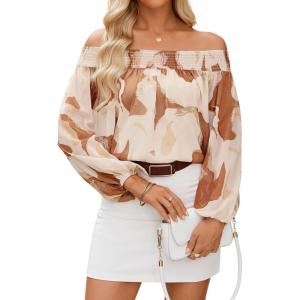imageZESICA Womens Summer Off Shoulder Tops 2025 Floral Chiffon Long Sleeve Loose Dressy Casual Shirts BlousesBrown