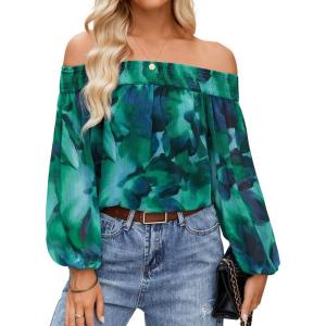 imageZESICA Womens Summer Off Shoulder Tops 2025 Floral Chiffon Long Sleeve Loose Dressy Casual Shirts BlousesGreen