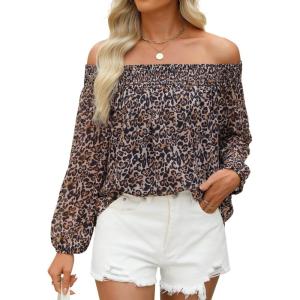 imageZESICA Womens Summer Off Shoulder Tops 2025 Floral Chiffon Long Sleeve Loose Dressy Casual Shirts BlousesLeopard