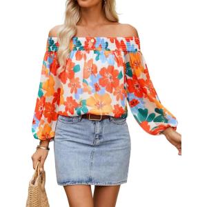 imageZESICA Womens Summer Off Shoulder Tops 2025 Floral Chiffon Long Sleeve Loose Dressy Casual Shirts BlousesOrange