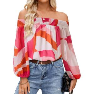imageZESICA Womens Summer Off Shoulder Tops 2025 Floral Chiffon Long Sleeve Loose Dressy Casual Shirts BlousesPink