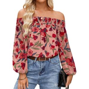 imageZESICA Womens Summer Off Shoulder Tops 2025 Floral Chiffon Long Sleeve Loose Dressy Casual Shirts BlousesRed
