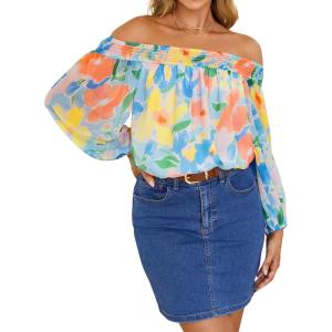 imageZESICA Womens Summer Off Shoulder Tops 2025 Floral Chiffon Long Sleeve Loose Dressy Casual Shirts BlousesSky
