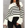 imageZESICA Womens Fall Winter Striped Long Sleeve Crew Neck Ribbed Knit Side Slit Oversized Pullover Sweater Jumper TopBeige
