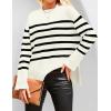 imageZESICA Womens Fall Winter Striped Long Sleeve Crew Neck Ribbed Knit Side Slit Oversized Pullover Sweater Jumper TopBeige