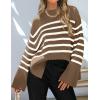 imageZESICA Womens Fall Winter Striped Long Sleeve Crew Neck Ribbed Knit Side Slit Oversized Pullover Sweater Jumper TopBrown