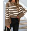 imageZESICA Womens Fall Winter Striped Long Sleeve Crew Neck Ribbed Knit Side Slit Oversized Pullover Sweater Jumper TopBrown