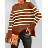 imageZESICA Womens Fall Winter Striped Long Sleeve Crew Neck Ribbed Knit Side Slit Oversized Pullover Sweater Jumper TopCaramel