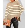 imageZESICA Womens Fall Winter Striped Long Sleeve Crew Neck Ribbed Knit Side Slit Oversized Pullover Sweater Jumper TopKhaki