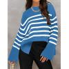imageZESICA Womens Fall Winter Striped Long Sleeve Crew Neck Ribbed Knit Side Slit Oversized Pullover Sweater Jumper TopLakeblue