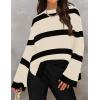 imageZESICA Womens Fall Winter Striped Long Sleeve Crew Neck Ribbed Knit Side Slit Oversized Pullover Sweater Jumper TopNatural