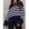 imageZESICA Womens Fall Winter Striped Long Sleeve Crew Neck Ribbed Knit Side Slit Oversized Pullover Sweater Jumper TopNavy
