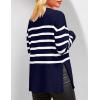 imageZESICA Womens Fall Winter Striped Long Sleeve Crew Neck Ribbed Knit Side Slit Oversized Pullover Sweater Jumper TopNavy