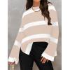 imageZESICA Womens Fall Winter Striped Long Sleeve Crew Neck Ribbed Knit Side Slit Oversized Pullover Sweater Jumper TopSand