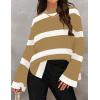 imageZESICA Womens Fall Winter Striped Long Sleeve Crew Neck Ribbed Knit Side Slit Oversized Pullover Sweater Jumper TopToffee