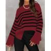 imageZESICA Womens Fall Winter Striped Long Sleeve Crew Neck Ribbed Knit Side Slit Oversized Pullover Sweater Jumper TopWine