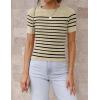 imageZESICA Womens Short Sleeve Crewneck Striped T Shirt 2025 Summer Ribbed Knit Slim Fit Casual Basic Tee TopsAlmond