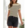 imageZESICA Womens Short Sleeve Crewneck Striped T Shirt 2025 Summer Ribbed Knit Slim Fit Casual Basic Tee TopsAlmond