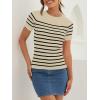 imageZESICA Womens Short Sleeve Crewneck Striped T Shirt 2025 Summer Ribbed Knit Slim Fit Casual Basic Tee TopsAlmond