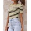 imageZESICA Womens Short Sleeve Crewneck Striped T Shirt 2025 Summer Ribbed Knit Slim Fit Casual Basic Tee TopsAlmond