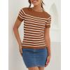 imageZESICA Womens Short Sleeve Crewneck Striped T Shirt 2025 Summer Ribbed Knit Slim Fit Casual Basic Tee TopsBrown