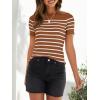imageZESICA Womens Short Sleeve Crewneck Striped T Shirt 2025 Summer Ribbed Knit Slim Fit Casual Basic Tee TopsBrown