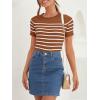 imageZESICA Womens Short Sleeve Crewneck Striped T Shirt 2025 Summer Ribbed Knit Slim Fit Casual Basic Tee TopsBrown